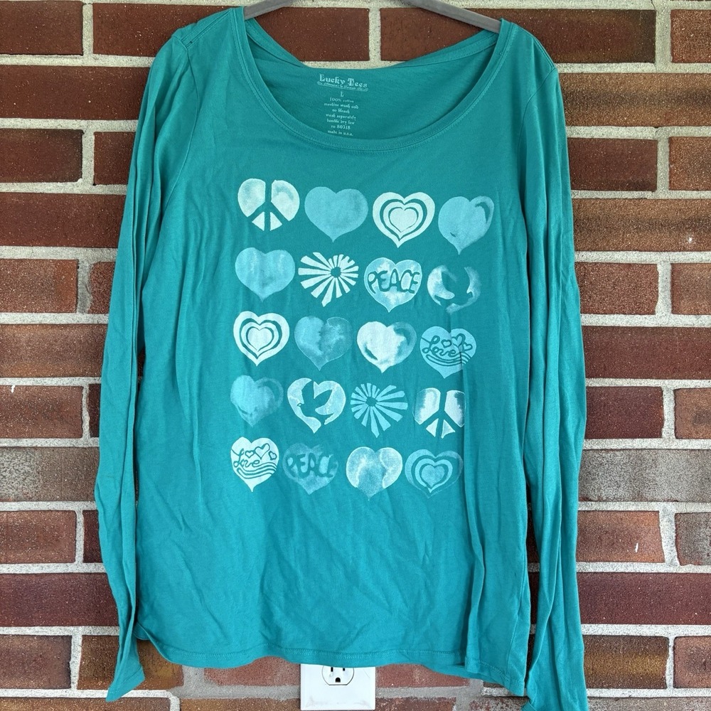 Lucky Tees Green White Hearts Peace Love Long Sleeve T-Shirt Womens Sz L A3160
